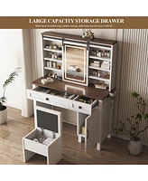 Lovmor Farmhouse Makeup Vanity Desk with Sliding Mirror and Lights and Hairdryer holder and charging socket Multilayer storage Shelves,and 2 drawer an