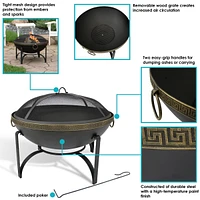 26-Inch Steel Wood-Burning Outdoor Fire Pit Bowl with Spark Screen, Log Grate, and Poker