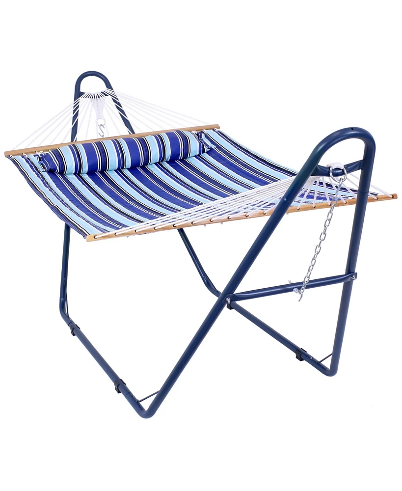 Sunnydaze Decor Double Quilted Fabric Hammock with Universal Steel Stand - 450-Pound Capacity - Blue Stand - Catalina Beach