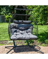 Andrei Double Hanging Egg Chair with Stand - 2-Person Outdoor Egg Chair - Includes Steel Stand and Cushion - Dark Gray