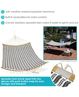 Sunnydaze Decor Polycotton Double Hammock with Curved Bamboo Foldable Spreader Bars - 450-Pound Weight Capacity - Neutral Stripe