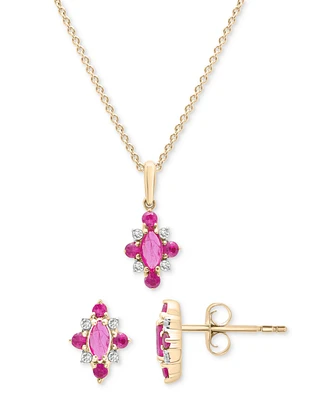 2-Pc. Ruby (3/4 ct. t.w.) & Diamond (1/20 ct. t.w.) Cluster Earrings & Pendant Necklace Set in 14k Gold-Plated Sterling Silver