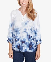 Alfred Dunner Women's Classic Floral Border Ruched Sleeve Henley Top