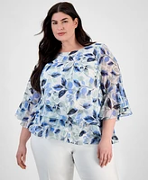 Alex Evenings Plus Floral Print Tiered Bell-Sleeve Blouse