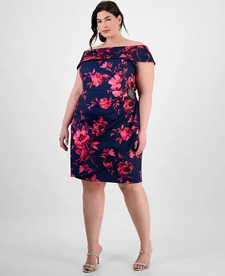 Alex Evenings Plus Floral Print Off-The-Shoulder Sheath Dress