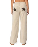 Edikted Womens Leopard Star Low Rise Washed Jeans