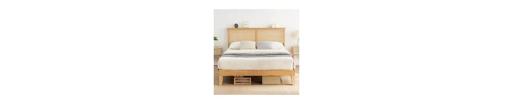gaomon Full Size Bed Frame with Natural Rattan Headboard & Integrated Led Lights