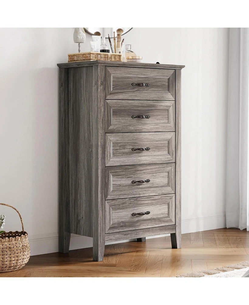 gaomon Farmhouse 5-Drawer Dresser - Grey Chest of Drawers for Bedroom and Living Room Organization, Wood Dresser with Ample Storage Space