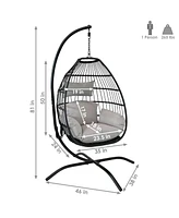 Delaney Black Resin Wicker Hanging Egg Chair with Powder-Coated Steel Stand - Gray Polyester Cushions - 81 Inches H