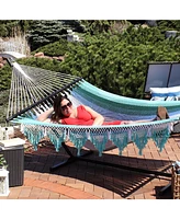 Woven Double Hammock for Outside with Crocheted Edges and Spreader Bars - 600-Pound Weight Capacity Outdoor Hammock for Trees - Lagoon Stripes