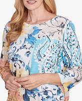 Alfred Dunner Petite Classics Floral Patch Drawstring Top