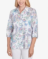 Alfred Dunner Petite Classics Paisley Button Down Cuffed Sleeve Top