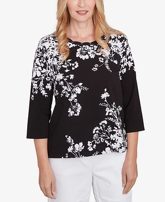 Alfred Dunner Petite Classics Asymmetric Floral Monotone Crewneck Top