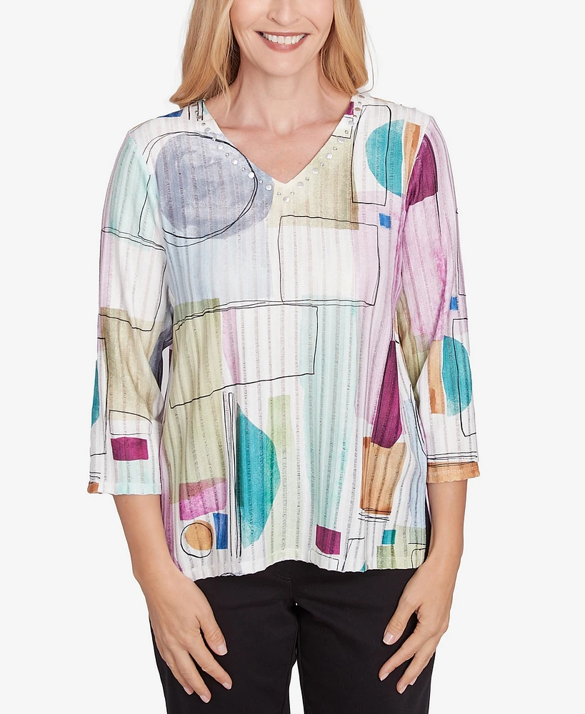 Alfred Dunner Petite Classics Geometric V-Neck Three Quarter Sleeve Top