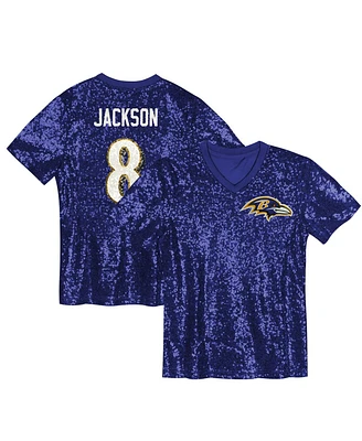 Outerstuff Big Girls Lamar Jackson Purple Baltimore Ravens Sequin V-Neck Fashion Jersey