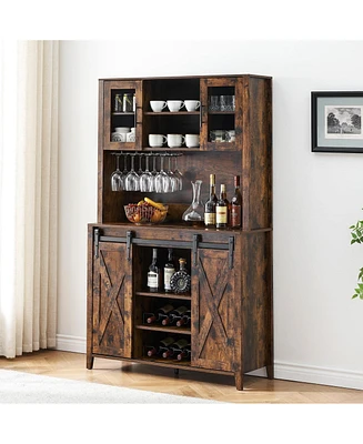 gaomon 70" Farmhouse Bar Wine Cabinet with Sliding Barn Doors, Coffee Liquor Cabinets with Storage Shelves and Glasses Rack for Kitchen