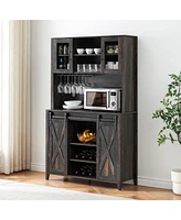 gaomon 70" Farmhouse Bar Wine Cabinet with Sliding Barn Doors, Coffee Liquor Cabinets with Storage Shelves and Glasses Rack for Kitchen