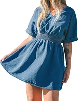 Cupshe Women's Denim V-Neck Smocked Waist Mini Beach Dress