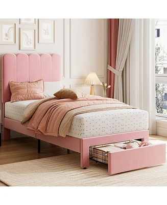 gaomon Twin Bed Frame with Under-Bed Drawer, Pink Velvet Upholstered Platform Bed