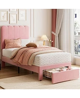 gaomon Twin Bed Frame with Under-Bed Drawer, Pink Velvet Upholstered Platform Bed