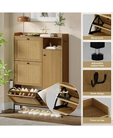 gaomon Shoe Cabinet, Natural Rattan Freestanding Shoe Organizer with 3 Flip-out Drawers and 4 Open Shelves Side Cabinet