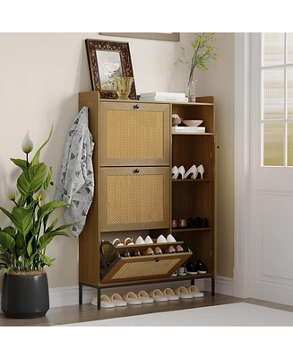 gaomon Shoe Cabinet, Natural Rattan Freestanding Shoe Organizer with 3 Flip-out Drawers and 4 Open Shelves Side Cabinet