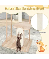 Gymax 50'' Tall Solid Wood Cat Tree w/ Oak Frame & Beech Post Scratching Board & Posts