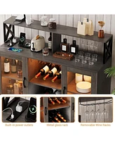 gaomon Farmhouse Wine Bar Cabinet with Led Light,Tempered Glass Doors, Power Outlet,Wine and Goblet Holder,Liquor Storage Cabinet for Dining Room