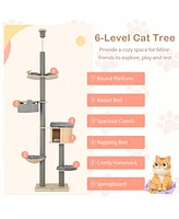 Gymax 6-tier Floor-to-Ceiling Cat Tree w/ Cat Condo Hammock Scratching Posts Platform