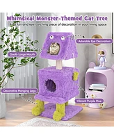 Gymax Cat Tree Cute Monster-Themed Cat Tower w/ 2 Private Condos & Soft Long Plush