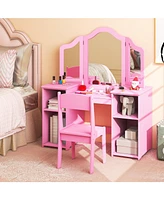 Gouun Kids Vanity Table and Chair Set with Removable Tri-Folding Mirror