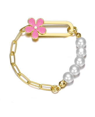 GiGiGirl 14K Gold Plated Bracelet with Pearls and Enamel Flower Clasp