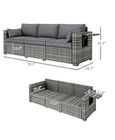 Outsunny 3-Seat Wicker Sofa w/ Side Trays, Outdoor Patio Couch, Mixed