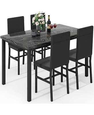 Sugift 5 Piece Modern Dining Table Set with Faux Marble Tabletop and 4 Pu Leather Upholstered Chairs