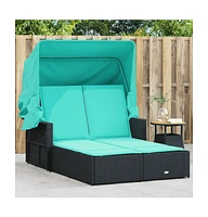 vidaXL Double Sun Lounger with Canopy and Cushions Poly Rattan