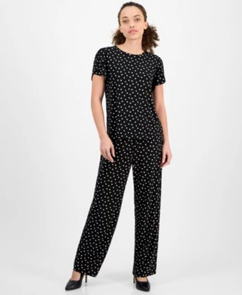 Ak Anne Klein Petite Dot Print Tulip Sleeve Top Wide Leg Pants