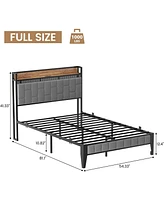 gaomon Full Size Bed Frame with Led Light and Charging Station, Upholstered Platform Bed with Storage Headboard, Metal Slat, Noise Free, Easy Assembly