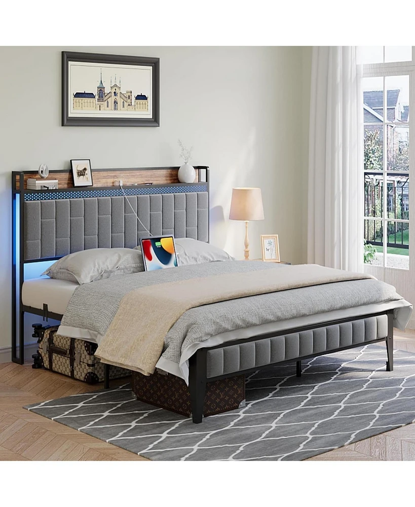 gaomon King Size Bed Frame with Led Light and Charging Station, Upholstered Platform Bed with Storage Headboard, Metal Slat, Noise Free, Easy Assembly