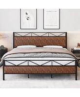 gaomon Queen Size Bed Frame with Pu Leather Headboard Footboard, Upholstered Platform Bed with 14 Strong Metal Slats, 11" Under-Bed Storage, Noise-Fre