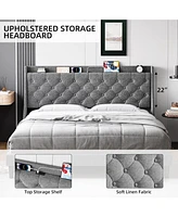 gaomon Upholstered Bed Frame - King Size, Usb Ports, Wingback Headboard, Storage Shelf, and Charging Station