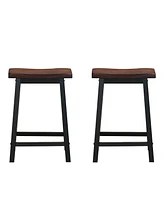 Gymax Set of 2 Bar Stools 24''H Saddle Seat Pub Chair Home Kitchen Dining Room Brown