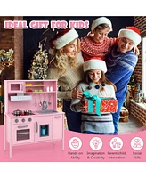 Costway Kids Kitchen Playset Wooden Pretend Play Chef Toy with Microwave & Accessories