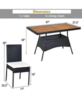 Costway 5 Pcs Patio Rattan Furniture Set Wood Top Table Cushioned Chairs Garden Yard Deck