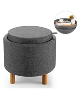 Gouun Round Fabric Storage Ottoman with Tray and Non-Slip Pads for Bedroom