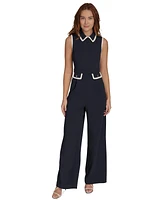 Tommy Hilfiger Women's Collared Contrast-Trim Sleeveless Straight-Leg Jumpsuit