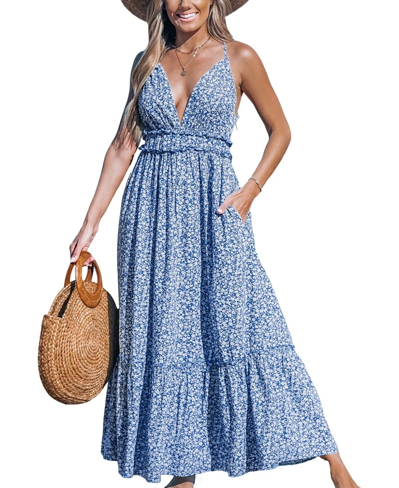 Cupshe Women's Indigo Blooms Plunge Neck Maxi Beach Dress