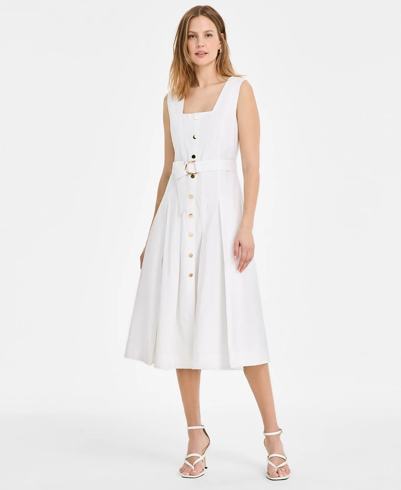 Msk Women's Square-Neck Belted A-Line Sleeveless Dress