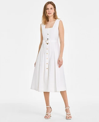 Msk Women's Square-Neck Belted A-Line Sleeveless Dress