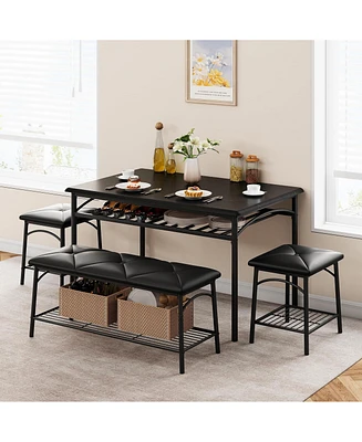 gaomon Dining Table Set for 4 with Benche/Stools Kitchen Table Set with Storage Shelves Dining Table Set with Pu Cusion Dining Room Furniture Table an