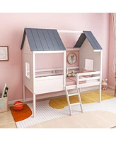 Gouun Twin Size Kids House Bed Low Loft Bed Frame with Roof